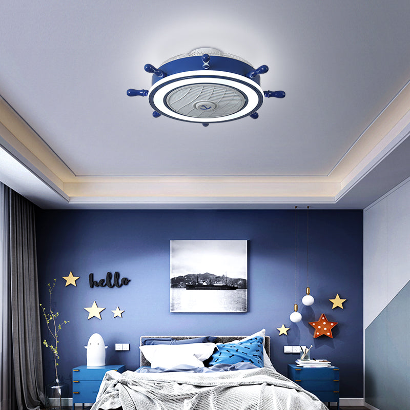 Navy Blue Rudder Fan Light Fixture Childrens Metal Remote Control LED Semi Flush Ceiling Light with 7 Blades, 23.5" W Clearhalo 'Ceiling Fans with Lights' 'Ceiling Fans' 'Modern Ceiling Fans' 'Modern' Lighting' 2478019