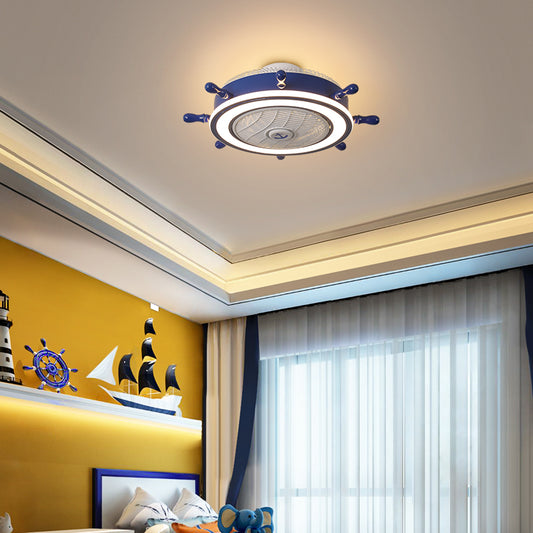 Navy Blue Rudder Fan Light Fixture Childrens Metal Remote Control LED Semi Flush Ceiling Light with 7 Blades, 23.5" W Clearhalo 'Ceiling Fans with Lights' 'Ceiling Fans' 'Modern Ceiling Fans' 'Modern' Lighting' 2478020