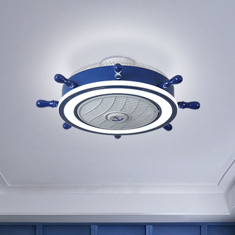 Navy Blue Rudder Fan Light Fixture Childrens Metal Remote Control LED Semi Flush Ceiling Light with 7 Blades, 23.5" W Clearhalo 'Ceiling Fans with Lights' 'Ceiling Fans' 'Modern Ceiling Fans' 'Modern' Lighting' 2478021