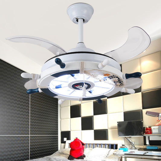 White Rudder 4-Blade Pendant Fan Lighting Kids Style Metal LED Semi Flush Mount Lamp with Remote, 42 Inches Wide Clearhalo 'Ceiling Fans with Lights' 'Ceiling Fans' 'Modern Ceiling Fans' 'Modern' Lighting' 2478022