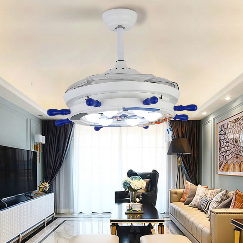 42" Wide Creative Rudder Semi Flush Light Fixture Metal Childrens Room 4 Blades LED Hanging Fan Light in White Clearhalo 'Ceiling Fans with Lights' 'Ceiling Fans' 'Modern Ceiling Fans' 'Modern' Lighting' 2478029