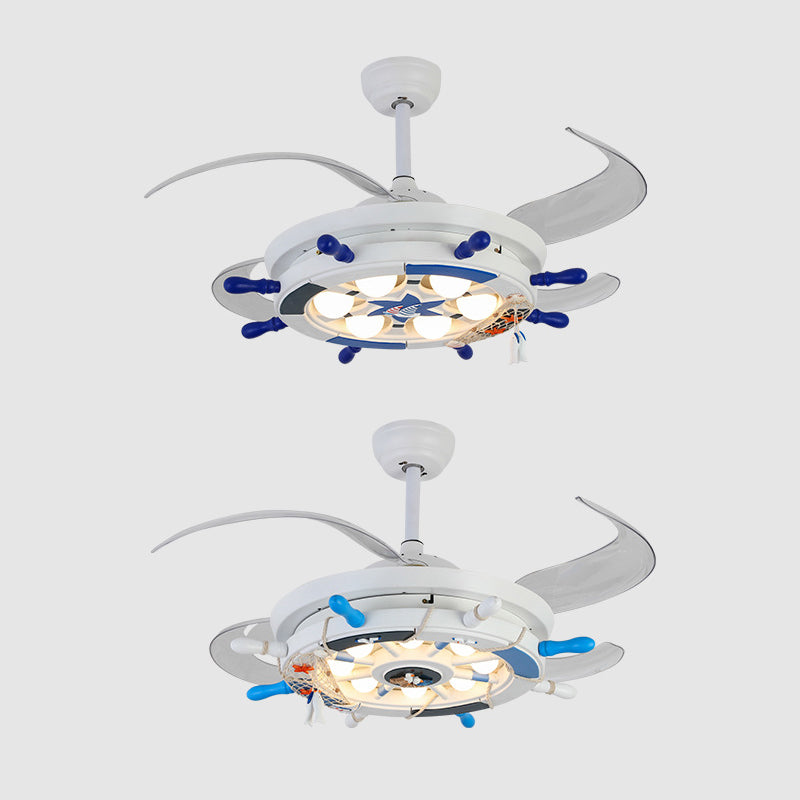 42" Wide Creative Rudder Semi Flush Light Fixture Metal Childrens Room 4 Blades LED Hanging Fan Light in White Clearhalo 'Ceiling Fans with Lights' 'Ceiling Fans' 'Modern Ceiling Fans' 'Modern' Lighting' 2478030