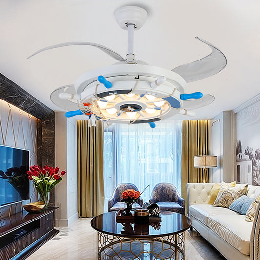 42" Wide Creative Rudder Semi Flush Light Fixture Metal Childrens Room 4 Blades LED Hanging Fan Light in White 8.0 White Clearhalo 'Ceiling Fans with Lights' 'Ceiling Fans' 'Modern Ceiling Fans' 'Modern' Lighting' 2478031