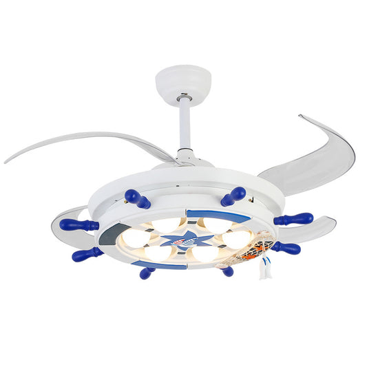 42" Wide Creative Rudder Semi Flush Light Fixture Metal Childrens Room 4 Blades LED Hanging Fan Light in White Clearhalo 'Ceiling Fans with Lights' 'Ceiling Fans' 'Modern Ceiling Fans' 'Modern' Lighting' 2478032