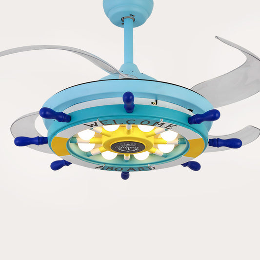 Metal Rudder Semi-Flush Mount Ceiling Light Kids 42 Inches Wide LED Blue Pendant Fan Light with 4 Clear Blades Clearhalo 'Ceiling Fans with Lights' 'Ceiling Fans' 'Modern Ceiling Fans' 'Modern' Lighting' 2478033
