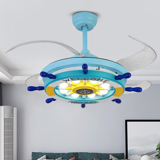 Metal Rudder Semi-Flush Mount Ceiling Light Kids 42 Inches Wide LED Blue Pendant Fan Light with 4 Clear Blades 8.0 Blue Clearhalo 'Ceiling Fans with Lights' 'Ceiling Fans' 'Modern Ceiling Fans' 'Modern' Lighting' 2478034