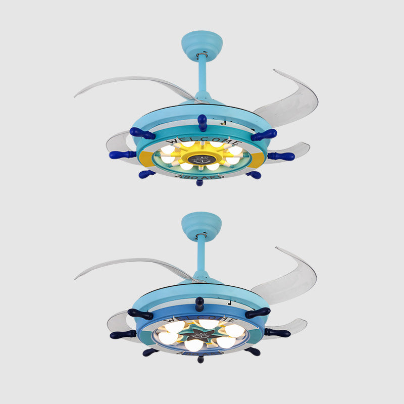 Metal Rudder Semi-Flush Mount Ceiling Light Kids 42 Inches Wide LED Blue Pendant Fan Light with 4 Clear Blades Clearhalo 'Ceiling Fans with Lights' 'Ceiling Fans' 'Modern Ceiling Fans' 'Modern' Lighting' 2478035