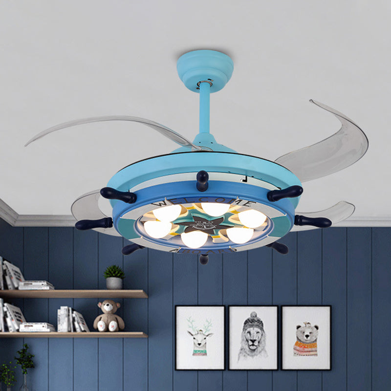 Metal Rudder Semi-Flush Mount Ceiling Light Kids 42 Inches Wide LED Blue Pendant Fan Light with 4 Clear Blades 6.0 Blue Clearhalo 'Ceiling Fans with Lights' 'Ceiling Fans' 'Modern Ceiling Fans' 'Modern' Lighting' 2478036