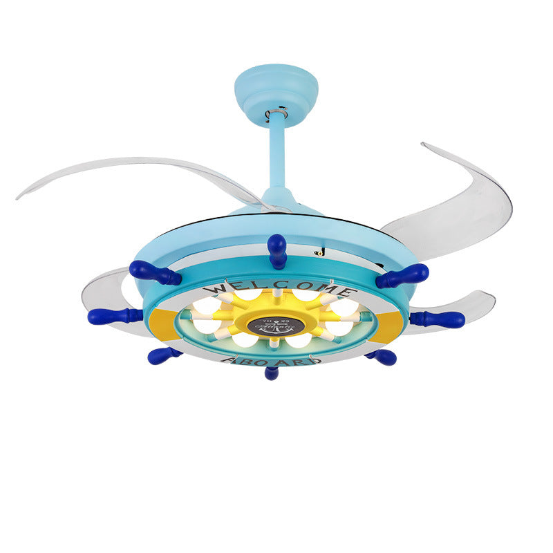 Metal Rudder Semi-Flush Mount Ceiling Light Kids 42 Inches Wide LED Blue Pendant Fan Light with 4 Clear Blades Clearhalo 'Ceiling Fans with Lights' 'Ceiling Fans' 'Modern Ceiling Fans' 'Modern' Lighting' 2478037