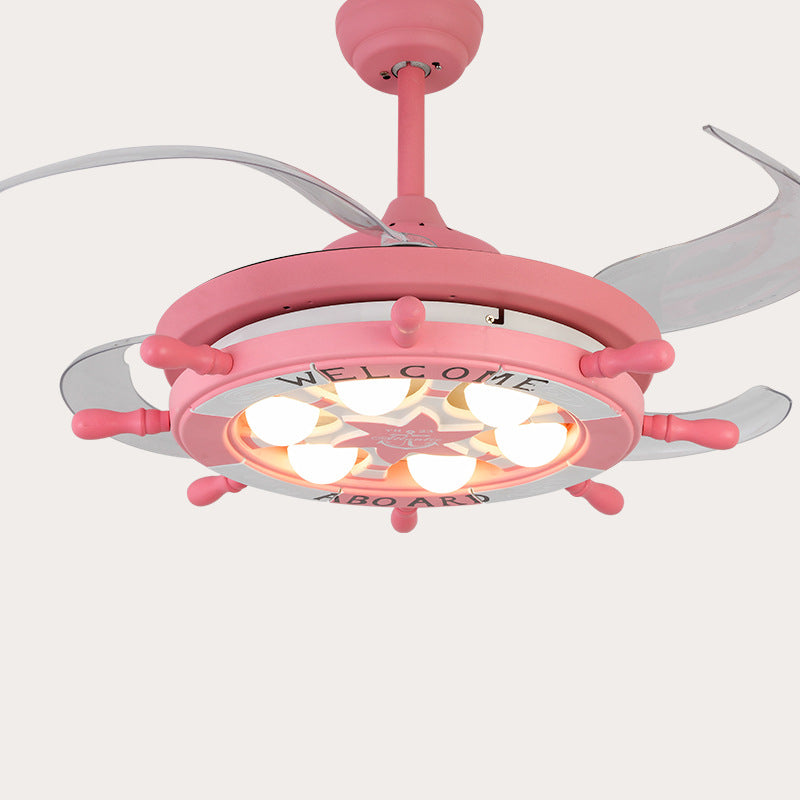 4 Blades Ship Rudder Ceiling Fan Light Childrens Metal LED Pink Semi Mount Lighting for Bedroom, 42" W 6.0 Pink Clearhalo 'Ceiling Fans with Lights' 'Ceiling Fans' 'Modern Ceiling Fans' 'Modern' Lighting' 2478038
