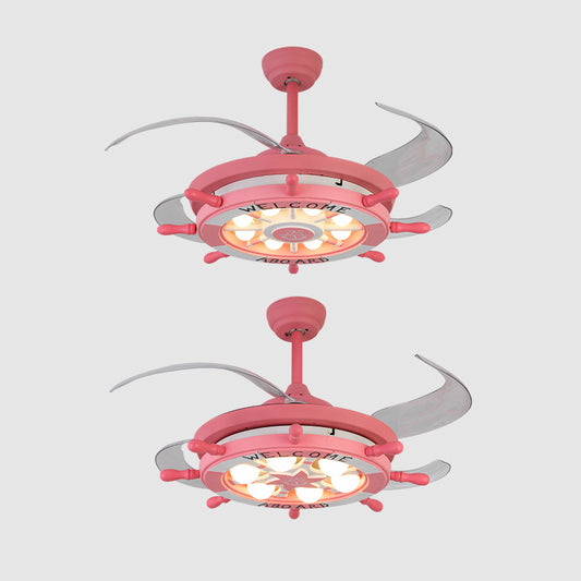 4 Blades Ship Rudder Ceiling Fan Light Childrens Metal LED Pink Semi Mount Lighting for Bedroom, 42" W Clearhalo 'Ceiling Fans with Lights' 'Ceiling Fans' 'Modern Ceiling Fans' 'Modern' Lighting' 2478040