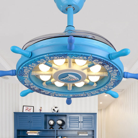 Creative Kids Rudder Hanging Fan Light Fixture Metal Boys Room LED Semi Flush Light in Blue, 4 Blades Clearhalo 'Ceiling Fans with Lights' 'Ceiling Fans' 'Kids Ceiling Fans' 'Kids' Lighting' 2478043