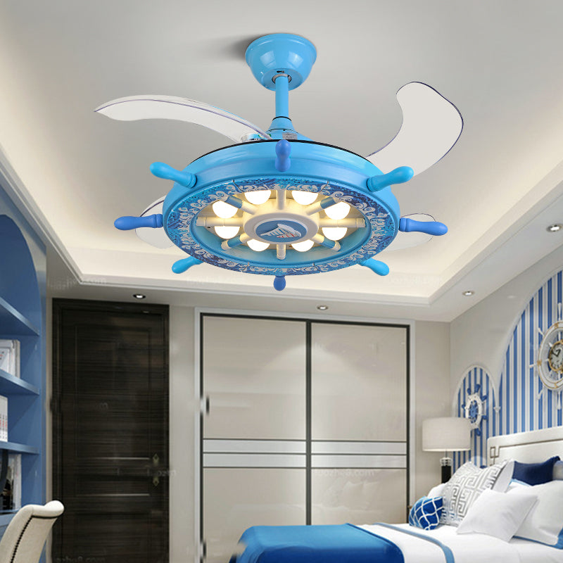 Creative Kids Rudder Hanging Fan Light Fixture Metal Boys Room LED Semi Flush Light in Blue, 4 Blades Clearhalo 'Ceiling Fans with Lights' 'Ceiling Fans' 'Kids Ceiling Fans' 'Kids' Lighting' 2478045