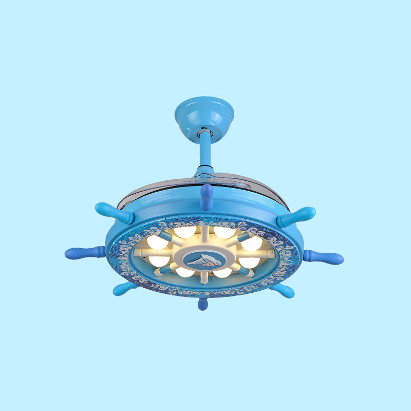 Creative Kids Rudder Hanging Fan Light Fixture Metal Boys Room LED Semi Flush Light in Blue, 4 Blades Clearhalo 'Ceiling Fans with Lights' 'Ceiling Fans' 'Kids Ceiling Fans' 'Kids' Lighting' 2478048