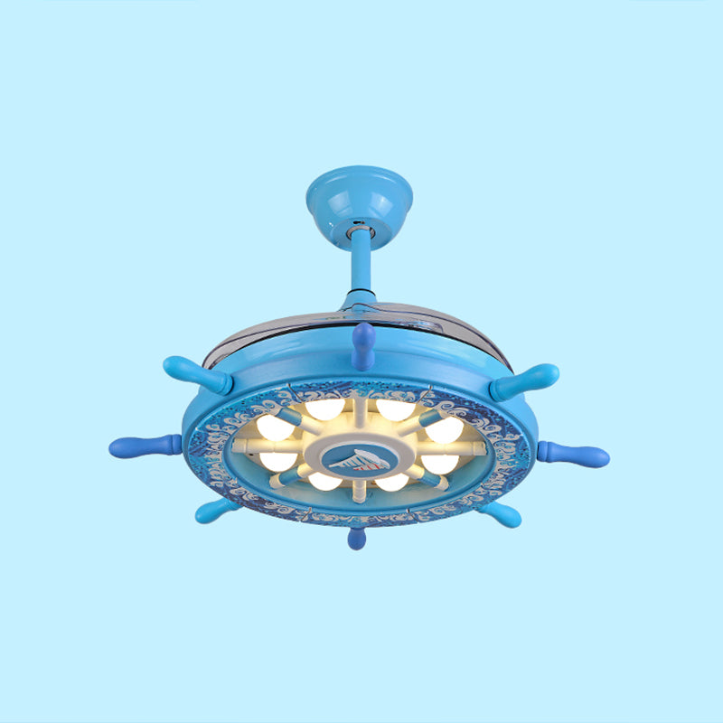 Creative Kids Rudder Hanging Fan Light Fixture Metal Boys Room LED Semi Flush Light in Blue, 4 Blades Clearhalo 'Ceiling Fans with Lights' 'Ceiling Fans' 'Kids Ceiling Fans' 'Kids' Lighting' 2478049