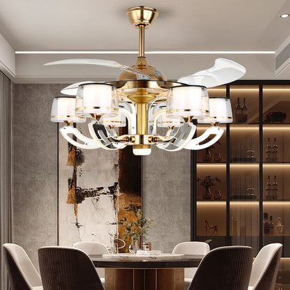 42" Wide Curved Arm LED Semi Flush Chandelier Modern Luxe Metal Living Room Ceiling Fan Lamp with 3-Blade and Remote Brass Remote Clearhalo 'Ceiling Fans with Lights' 'Ceiling Fans' 'Modern Ceiling Fans' 'Modern' Lighting' 2478052