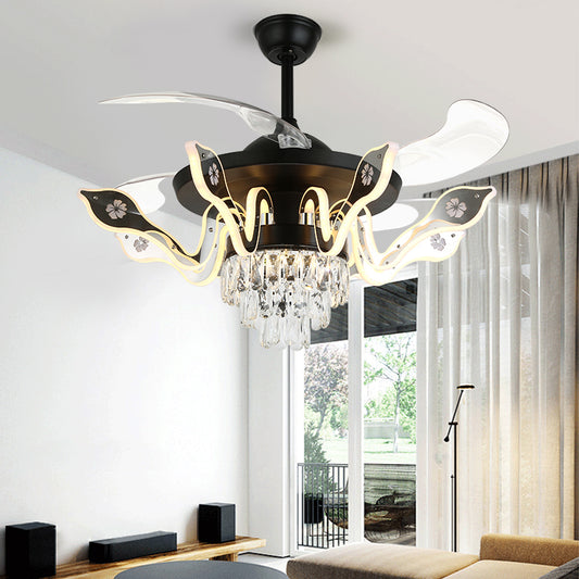 42" Wide Curved Arm LED Semi Flush Chandelier Modern Luxe Metal Living Room Ceiling Fan Lamp with 3-Blade and Remote Clearhalo 'Ceiling Fans with Lights' 'Ceiling Fans' 'Modern Ceiling Fans' 'Modern' Lighting' 2478054