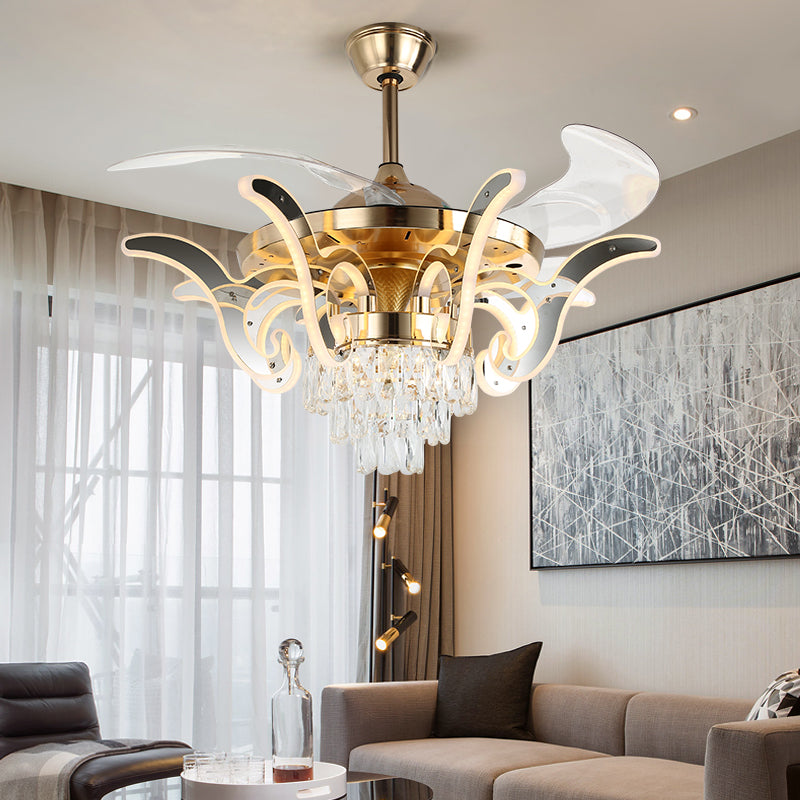 42" Wide Curved Arm LED Semi Flush Chandelier Modern Luxe Metal Living Room Ceiling Fan Lamp with 3-Blade and Remote Clearhalo 'Ceiling Fans with Lights' 'Ceiling Fans' 'Modern Ceiling Fans' 'Modern' Lighting' 2478056