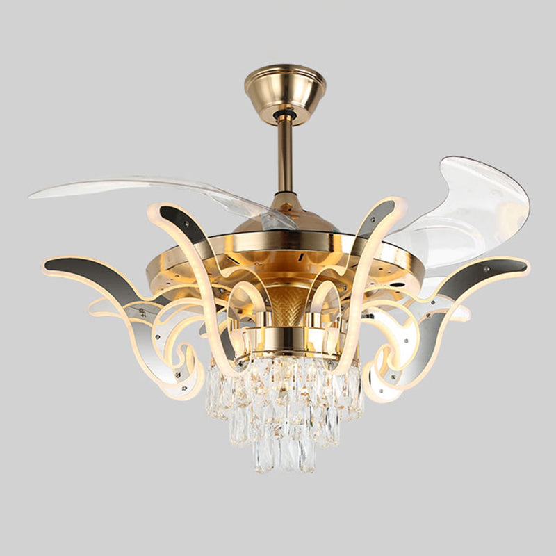 42" Wide Curved Arm LED Semi Flush Chandelier Modern Luxe Metal Living Room Ceiling Fan Lamp with 3-Blade and Remote Clearhalo 'Ceiling Fans with Lights' 'Ceiling Fans' 'Modern Ceiling Fans' 'Modern' Lighting' 2478058