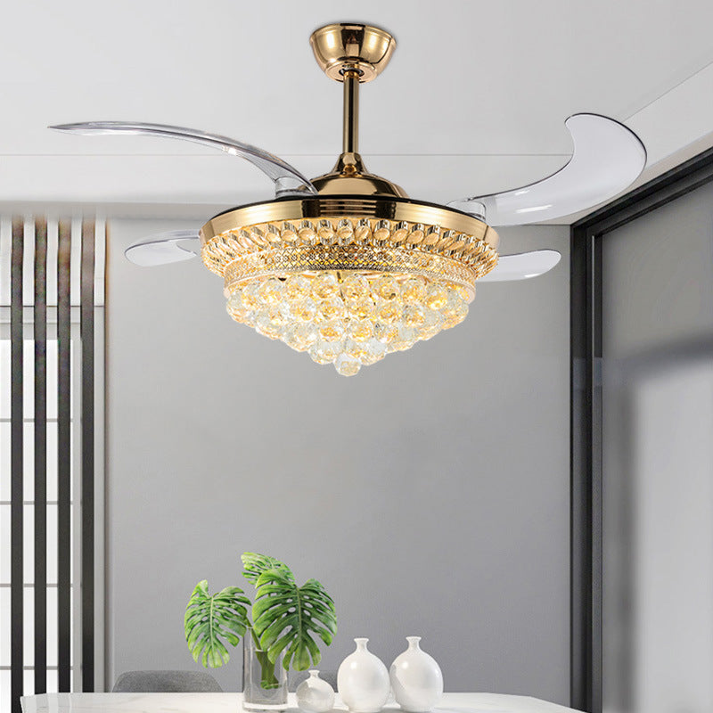 Tapered Crystal 4 Blades Pendant Fan Light Modern Stylish LED Semi-Flush Mount Ceiling Light for Living Room Gold Clearhalo 'Ceiling Fans with Lights' 'Ceiling Fans' 'Modern Ceiling Fans' 'Modern' Lighting' 2478060