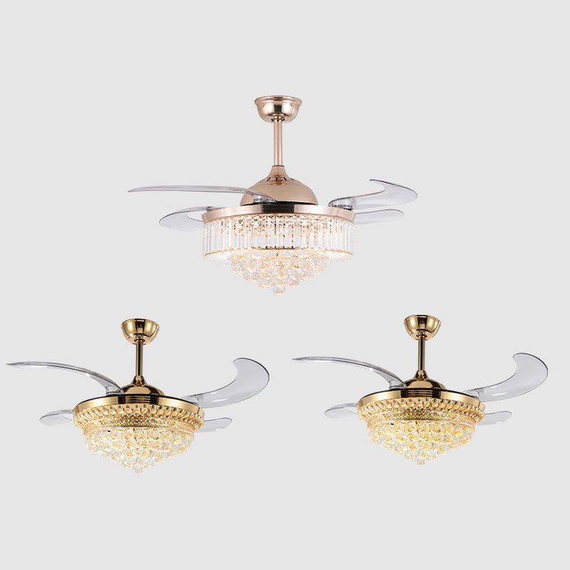 Tapered Crystal 4 Blades Pendant Fan Light Modern Stylish LED Semi-Flush Mount Ceiling Light for Living Room Clearhalo 'Ceiling Fans with Lights' 'Ceiling Fans' 'Modern Ceiling Fans' 'Modern' Lighting' 2478061