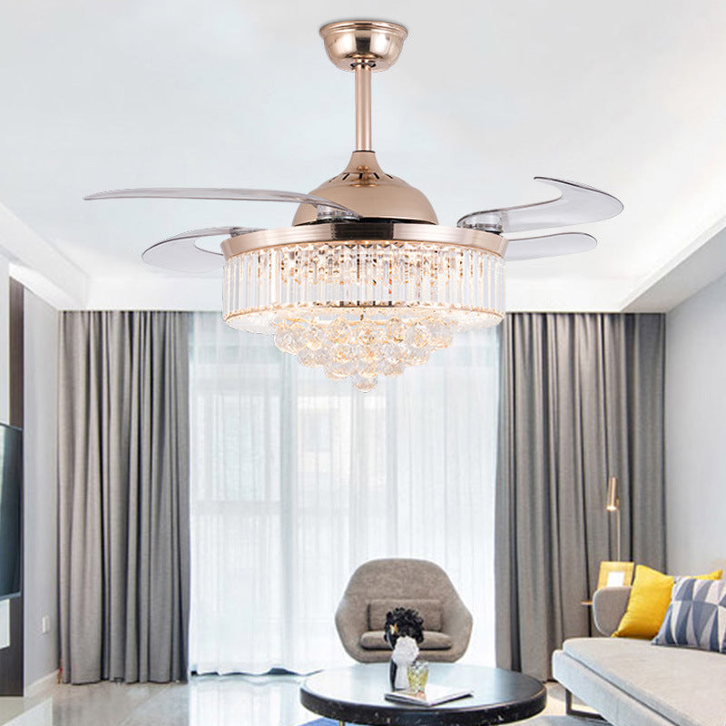 Tapered Crystal 4 Blades Pendant Fan Light Modern Stylish LED Semi-Flush Mount Ceiling Light for Living Room Clearhalo 'Ceiling Fans with Lights' 'Ceiling Fans' 'Modern Ceiling Fans' 'Modern' Lighting' 2478062