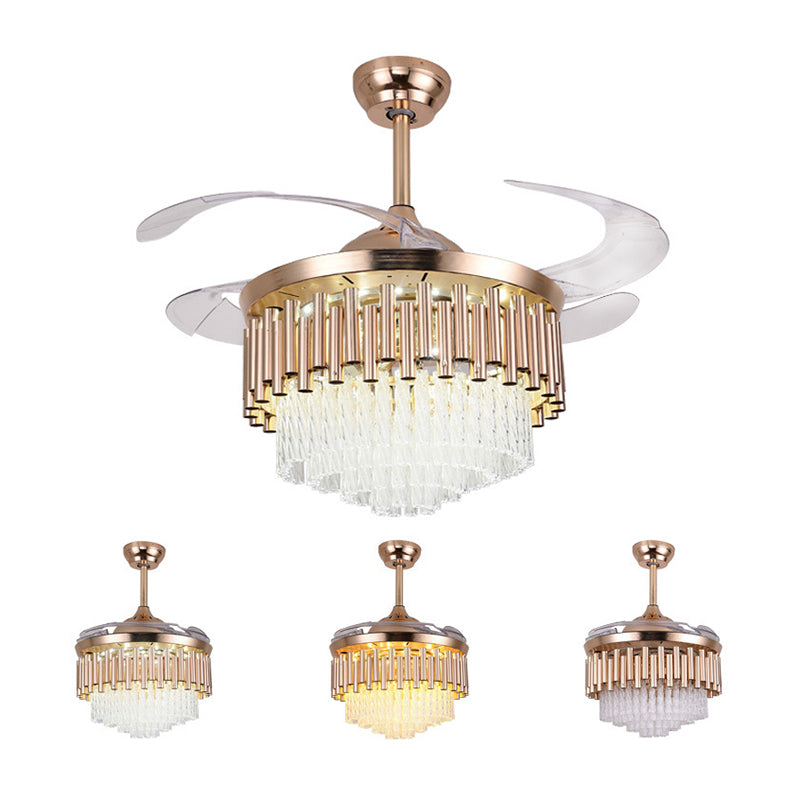 4 Blades Multi-Tiered Tapered Ceiling Fan Lighting Modern Crystal Prism Rose Gold LED Semi Flush Mount, 42" Wide Rose Gold Tubular Clearhalo 'Ceiling Fans with Lights' 'Ceiling Fans' 'Modern Ceiling Fans' 'Modern' Lighting' 2478065