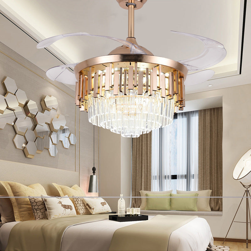 4 Blades Multi-Tiered Tapered Ceiling Fan Lighting Modern Crystal Prism Rose Gold LED Semi Flush Mount, 42" Wide Clearhalo 'Ceiling Fans with Lights' 'Ceiling Fans' 'Modern Ceiling Fans' 'Modern' Lighting' 2478066