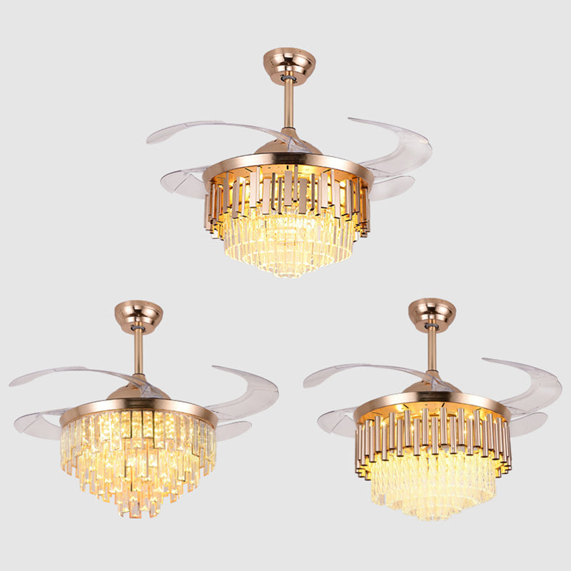 4 Blades Multi-Tiered Tapered Ceiling Fan Lighting Modern Crystal Prism Rose Gold LED Semi Flush Mount, 42" Wide Clearhalo 'Ceiling Fans with Lights' 'Ceiling Fans' 'Modern Ceiling Fans' 'Modern' Lighting' 2478067
