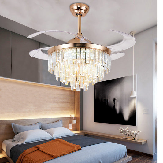 4 Blades Multi-Tiered Tapered Ceiling Fan Lighting Modern Crystal Prism Rose Gold LED Semi Flush Mount, 42" Wide Rose Gold Cone Clearhalo 'Ceiling Fans with Lights' 'Ceiling Fans' 'Modern Ceiling Fans' 'Modern' Lighting' 2478068