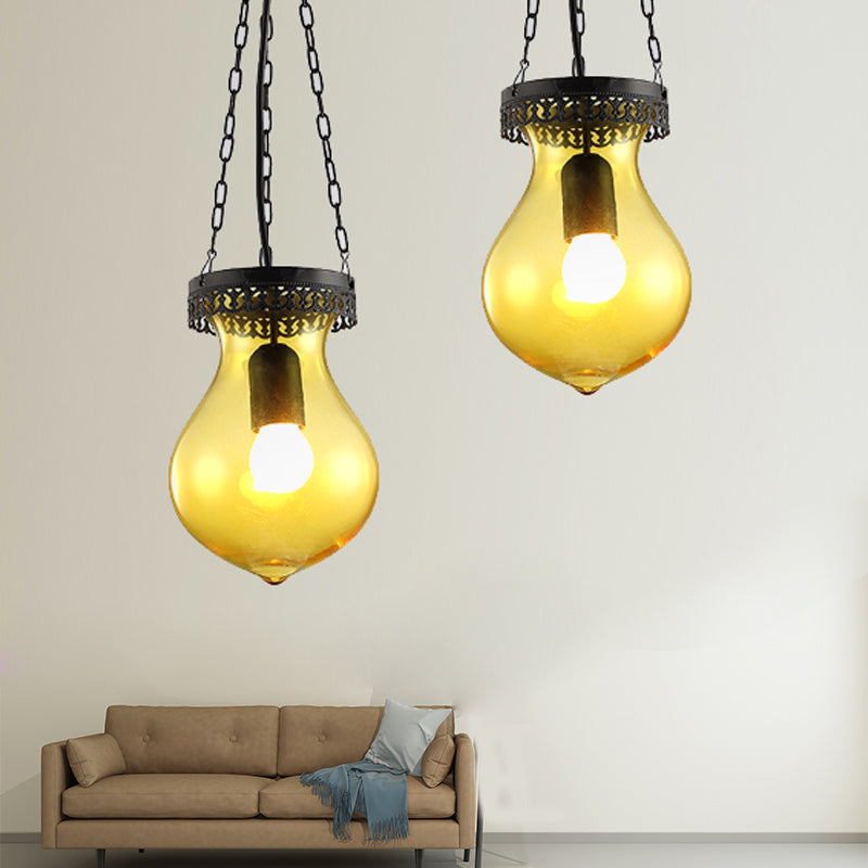 Traditionary Jar Ceiling Lamp Red/Yellow/Blue Glass 1/6 Heads Ceiling Light Fixture for Restaurant Yellow 1 Clearhalo 'Ceiling Lights' 'Glass shade' 'Glass' 'Pendant Lights' 'Pendants' Lighting' 247807