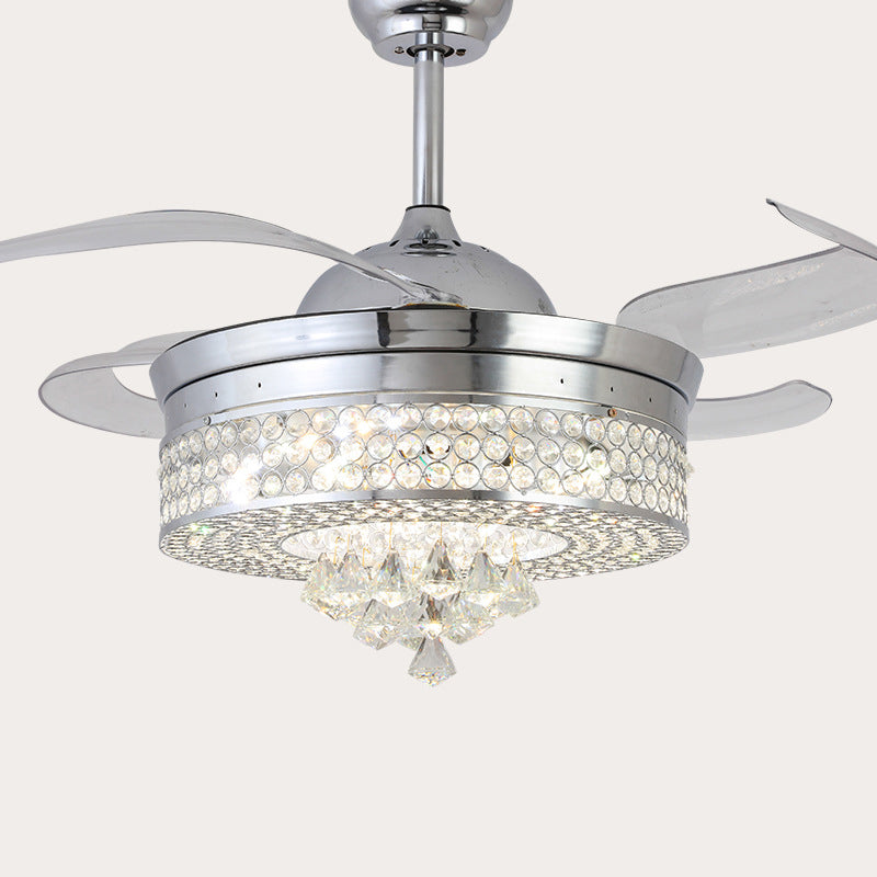 42" W Chrome Round Hanging Fan Lamp Minimalist Beveled Crystal LED Semi Flush Light Fixture with 4 Blades Chrome Clearhalo 'Ceiling Fans with Lights' 'Ceiling Fans' 'Modern Ceiling Fans' 'Modern' Lighting' 2478070