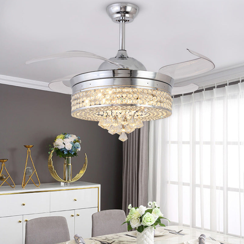42" W Chrome Round Hanging Fan Lamp Minimalist Beveled Crystal LED Semi Flush Light Fixture with 4 Blades Clearhalo 'Ceiling Fans with Lights' 'Ceiling Fans' 'Modern Ceiling Fans' 'Modern' Lighting' 2478071