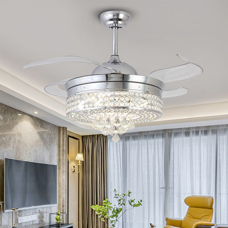 42" W Chrome Round Hanging Fan Lamp Minimalist Beveled Crystal LED Semi Flush Light Fixture with 4 Blades Clearhalo 'Ceiling Fans with Lights' 'Ceiling Fans' 'Modern Ceiling Fans' 'Modern' Lighting' 2478073