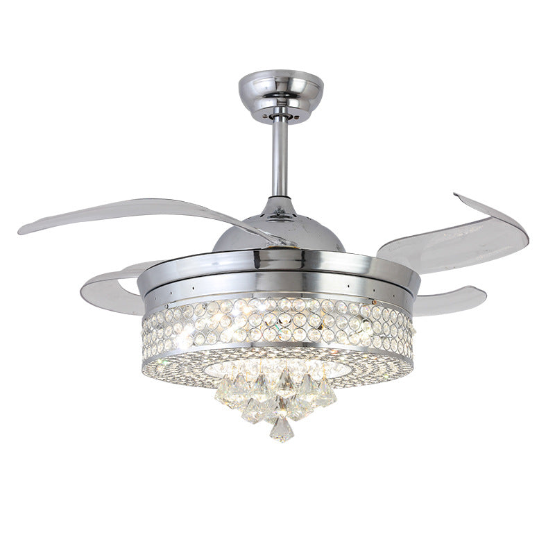 42" W Chrome Round Hanging Fan Lamp Minimalist Beveled Crystal LED Semi Flush Light Fixture with 4 Blades Clearhalo 'Ceiling Fans with Lights' 'Ceiling Fans' 'Modern Ceiling Fans' 'Modern' Lighting' 2478074