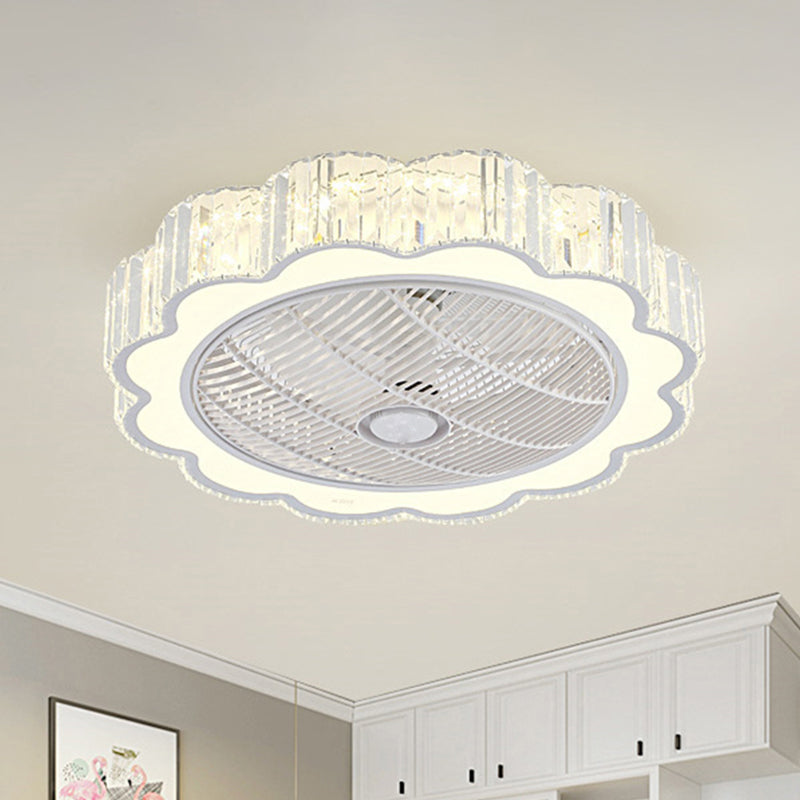 White Flower 3-Blade Ceiling Fan Lamp Simple Prismatic Crystal LED Semi Flush Mount Fixture with Remote, 23.5" W Clearhalo 'Ceiling Fans with Lights' 'Ceiling Fans' 'Modern Ceiling Fans' 'Modern' Lighting' 2478075