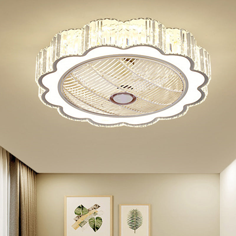 White Flower 3-Blade Ceiling Fan Lamp Simple Prismatic Crystal LED Semi Flush Mount Fixture with Remote, 23.5" W Clearhalo 'Ceiling Fans with Lights' 'Ceiling Fans' 'Modern Ceiling Fans' 'Modern' Lighting' 2478076