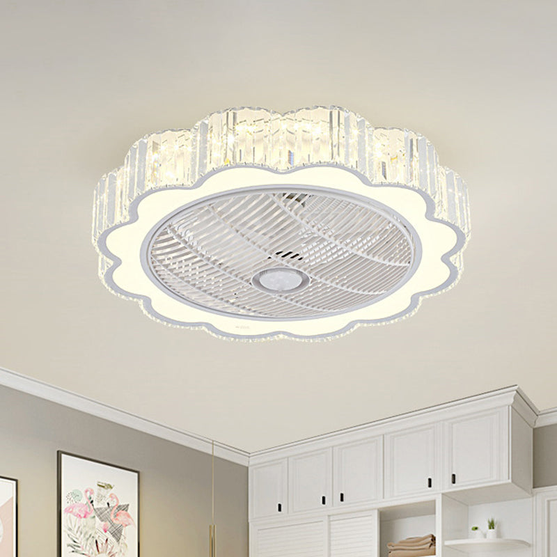 White Flower 3-Blade Ceiling Fan Lamp Simple Prismatic Crystal LED Semi Flush Mount Fixture with Remote, 23.5" W Clearhalo 'Ceiling Fans with Lights' 'Ceiling Fans' 'Modern Ceiling Fans' 'Modern' Lighting' 2478077