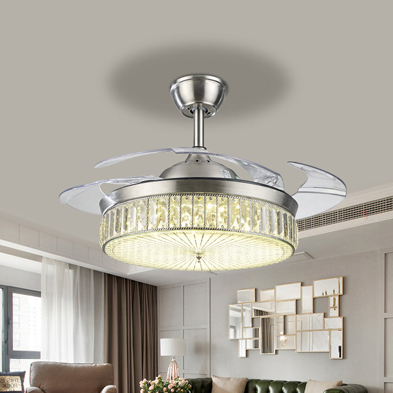 Minimalistic Round Pendant Fan Lighting Crystal Living Room LED Semi-Flush Ceiling Light with Remote Control Clearhalo 'Ceiling Fans with Lights' 'Ceiling Fans' 'Modern Ceiling Fans' 'Modern' Lighting' 2478084