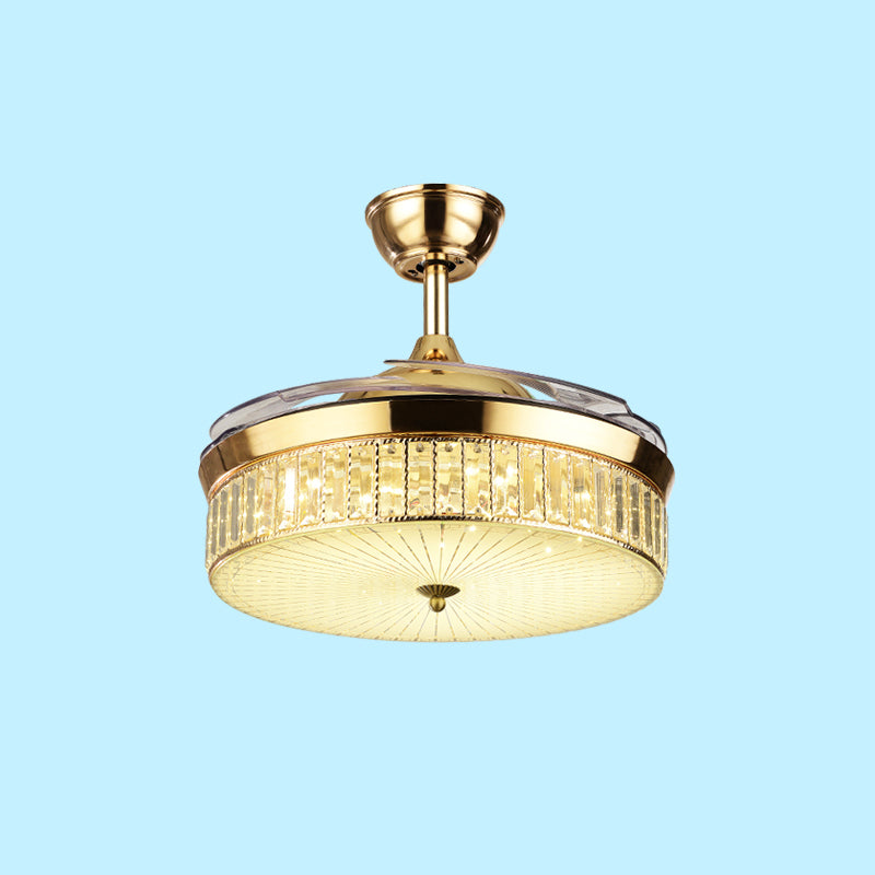 Minimalistic Round Pendant Fan Lighting Crystal Living Room LED Semi-Flush Ceiling Light with Remote Control Clearhalo 'Ceiling Fans with Lights' 'Ceiling Fans' 'Modern Ceiling Fans' 'Modern' Lighting' 2478090