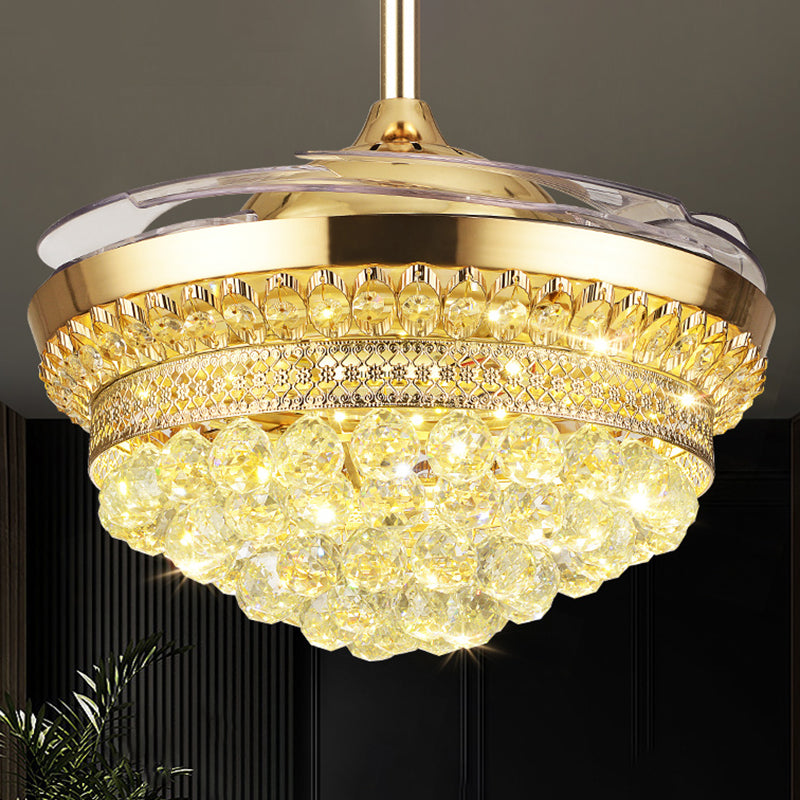 Tiered Crystal Orb Semi Flush Mount Light Contemporary Gold 4-Blade LED Hanging Fan Light Fixture Clearhalo 'Ceiling Fans with Lights' 'Ceiling Fans' 'Modern Ceiling Fans' 'Modern' Lighting' 2478092