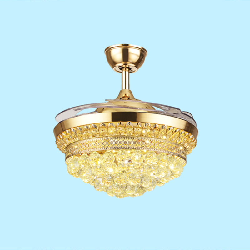 Tiered Crystal Orb Semi Flush Mount Light Contemporary Gold 4-Blade LED Hanging Fan Light Fixture Gold Clearhalo 'Ceiling Fans with Lights' 'Ceiling Fans' 'Modern Ceiling Fans' 'Modern' Lighting' 2478093