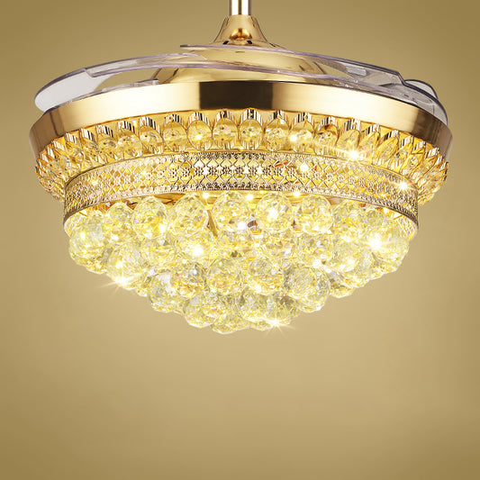 Tiered Crystal Orb Semi Flush Mount Light Contemporary Gold 4-Blade LED Hanging Fan Light Fixture Clearhalo 'Ceiling Fans with Lights' 'Ceiling Fans' 'Modern Ceiling Fans' 'Modern' Lighting' 2478094