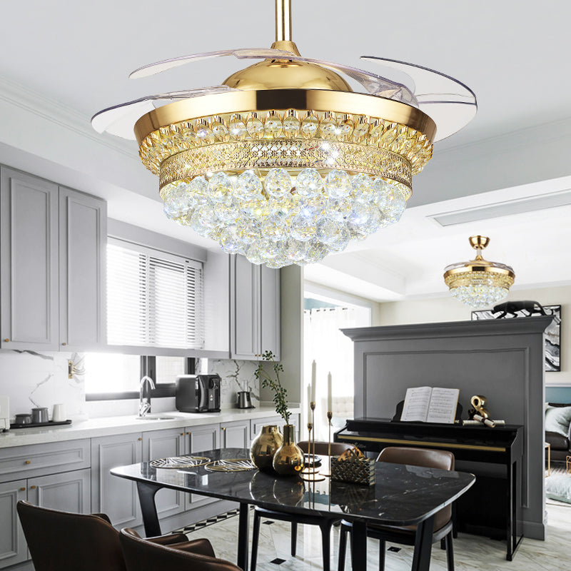 Tiered Crystal Orb Semi Flush Mount Light Contemporary Gold 4-Blade LED Hanging Fan Light Fixture Clearhalo 'Ceiling Fans with Lights' 'Ceiling Fans' 'Modern Ceiling Fans' 'Modern' Lighting' 2478096