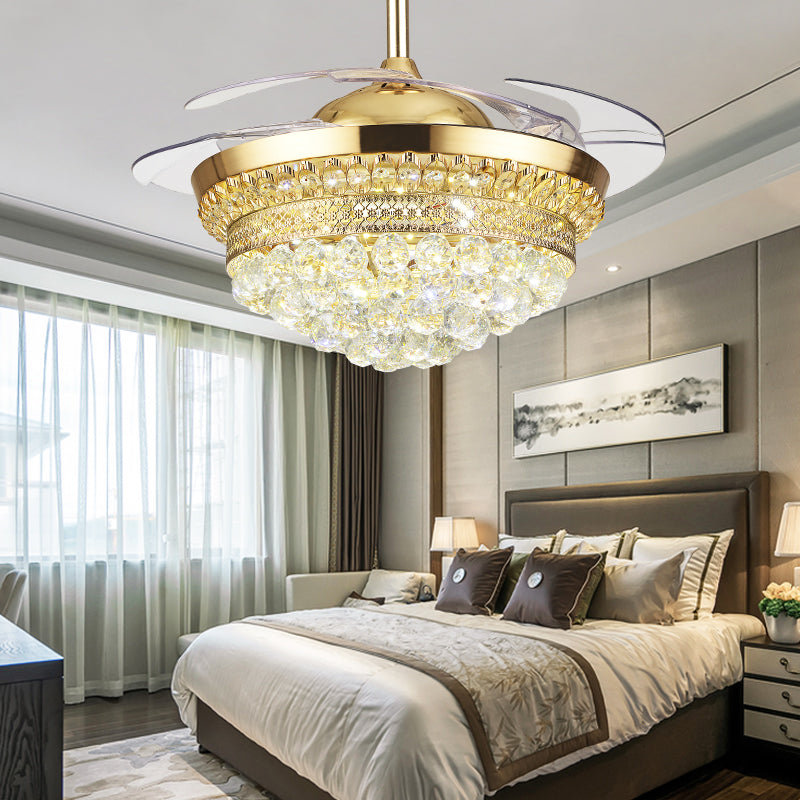 Tiered Crystal Orb Semi Flush Mount Light Contemporary Gold 4-Blade LED Hanging Fan Light Fixture Clearhalo 'Ceiling Fans with Lights' 'Ceiling Fans' 'Modern Ceiling Fans' 'Modern' Lighting' 2478097