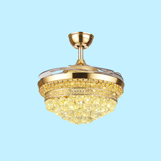 Tiered Crystal Orb Semi Flush Mount Light Contemporary Gold 4-Blade LED Hanging Fan Light Fixture Clearhalo 'Ceiling Fans with Lights' 'Ceiling Fans' 'Modern Ceiling Fans' 'Modern' Lighting' 2478100