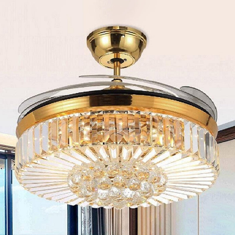 4 Blades Drum LED Pendant Fan Light Modern Crystal Living Room Semi Flush Mount Ceiling Light with Remote Clearhalo 'Ceiling Fans with Lights' 'Ceiling Fans' 'Modern Ceiling Fans' 'Modern' Lighting' 2478101