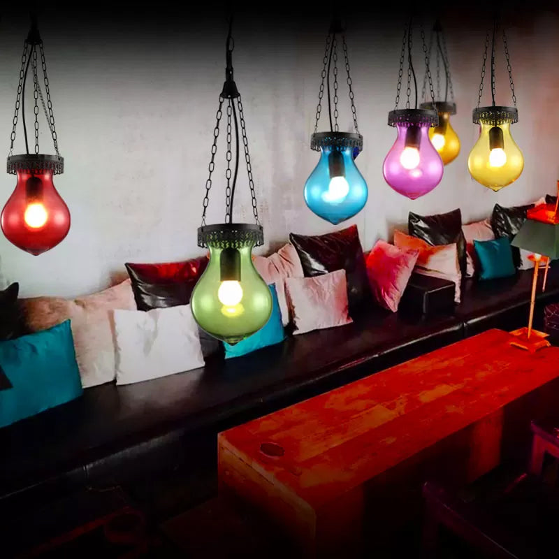 Traditionary Jar Ceiling Lamp Red/Yellow/Blue Glass 1/6 Heads Ceiling Light Fixture for Restaurant Clearhalo 'Ceiling Lights' 'Glass shade' 'Glass' 'Pendant Lights' 'Pendants' Lighting' 247811