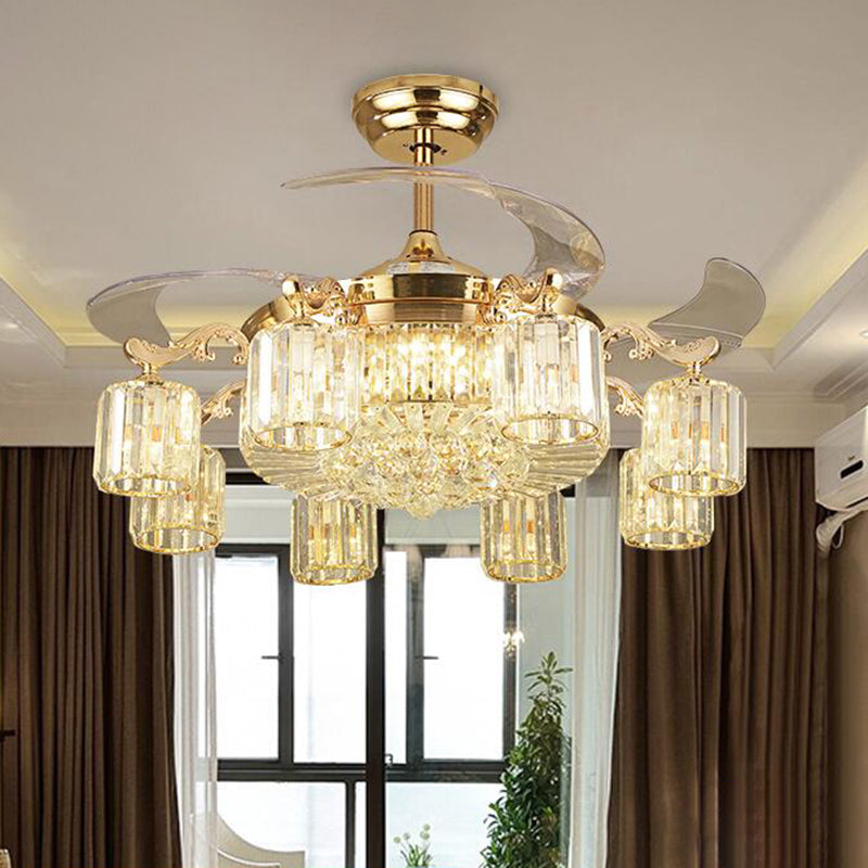 Cylindrical Crystal Ceiling Fan Light Modern 8-Light Semi Flush Mount Chandelier with 4 Blades and Remote Clearhalo 'Ceiling Fans with Lights' 'Ceiling Fans' 'Modern Ceiling Fans' 'Modern' Lighting' 2478111