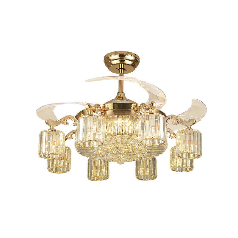 Cylindrical Crystal Ceiling Fan Light Modern 8-Light Semi Flush Mount Chandelier with 4 Blades and Remote Gold Remote Clearhalo 'Ceiling Fans with Lights' 'Ceiling Fans' 'Modern Ceiling Fans' 'Modern' Lighting' 2478112